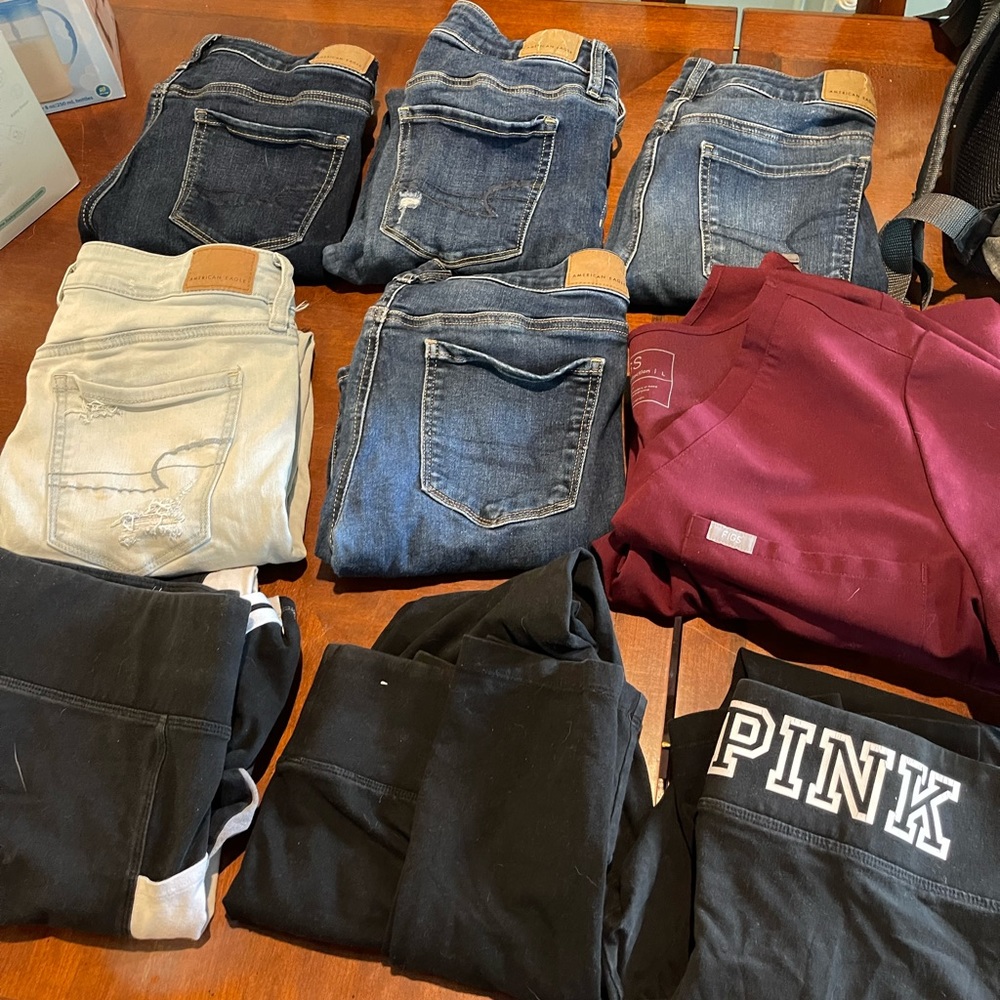 AE jeans, fig scrubs & pink leggings